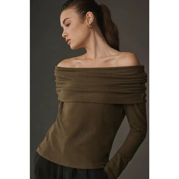 NEW! Reformation Azura knit off shoulder long sleeve olive green top size small - Picture 1 of 6